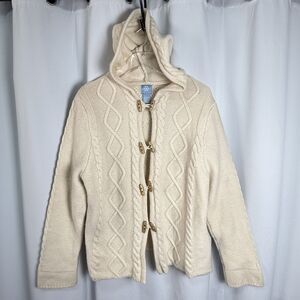 Vintage FROST 200% Lambs Wool Wood Toggle Button Cable Knit Hooded Sweater Sz XL